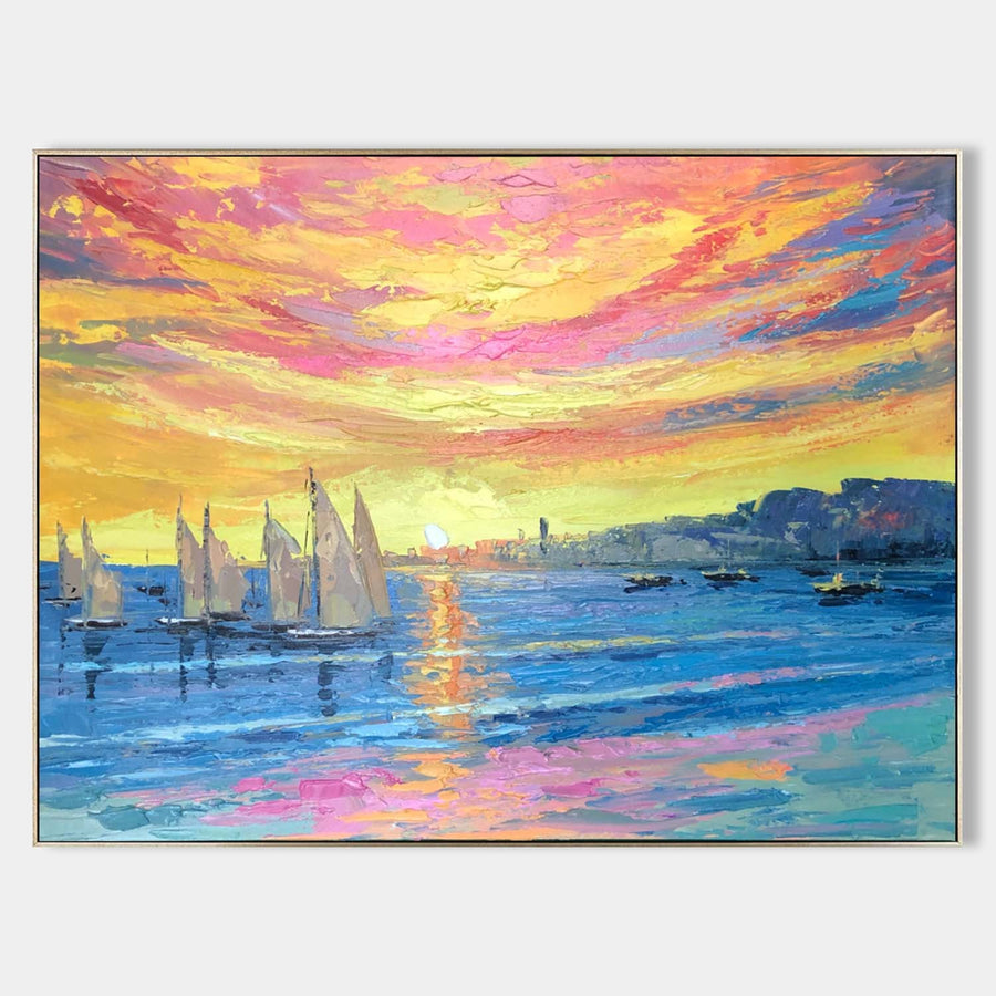 Sailboats Beneath a Blazing Harbor Sunset