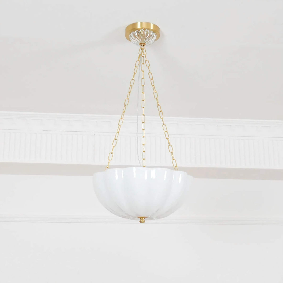 Scalloped Frosted Glass Bowl Chandelier with Brass Chains