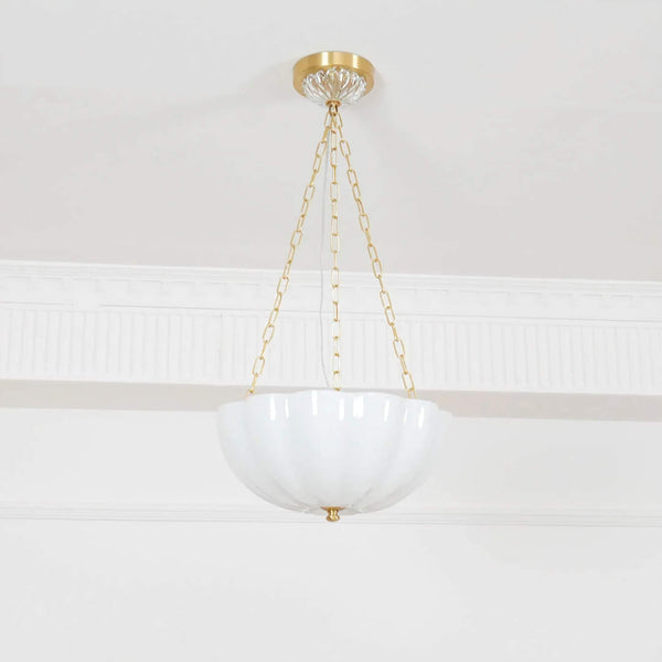 Scalloped Frosted Glass Bowl Chandelier with Brass Chains