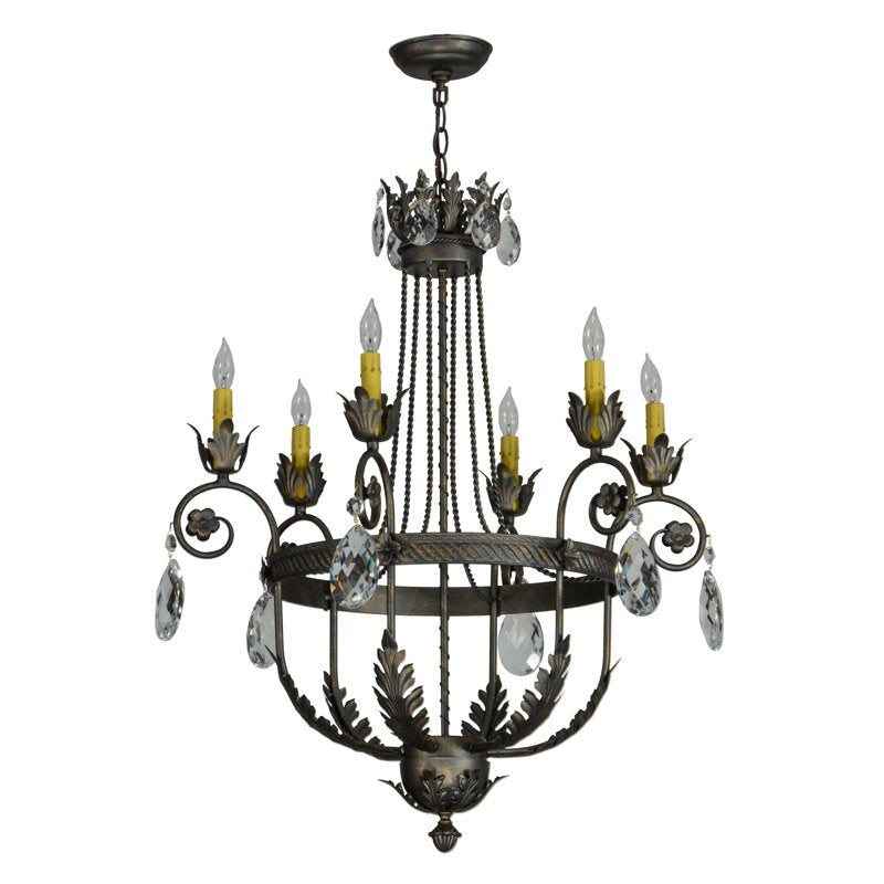 Scrolled Bronze Iron Candle Chandelier with Crystal Droplets