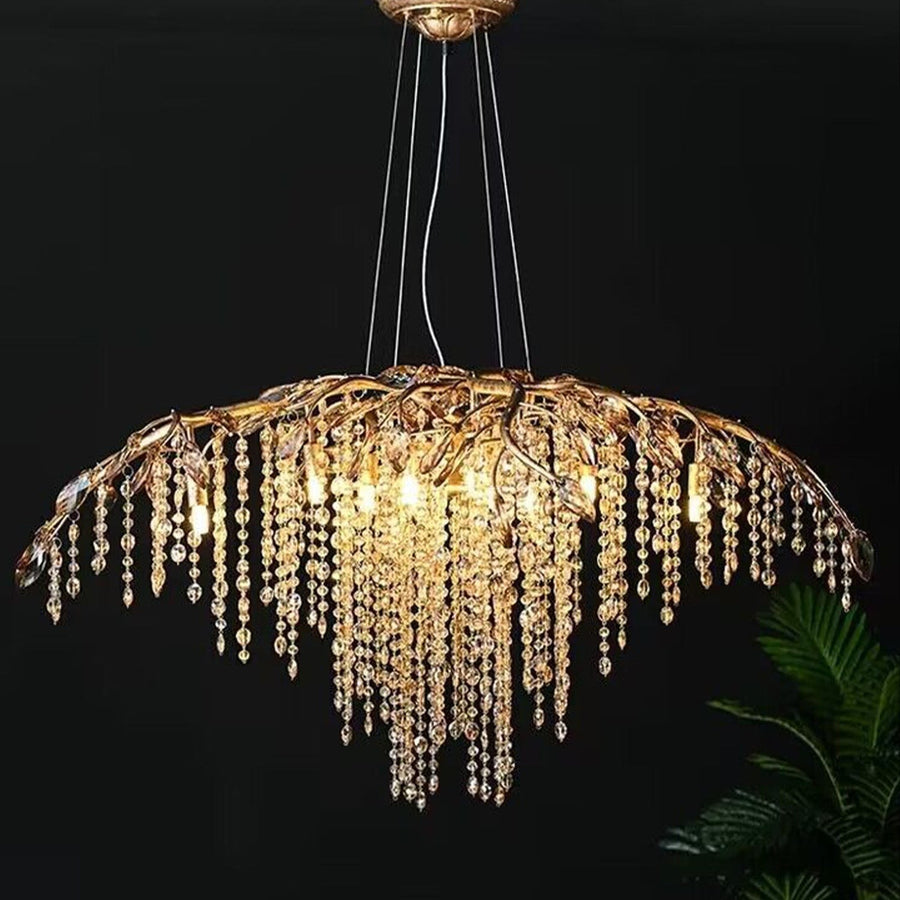 Sculptural Branching Crystal Leaf Iron Pendant