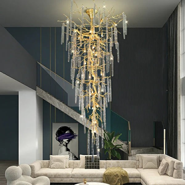 Sculptural Brass Branch and Crystal Chandelier