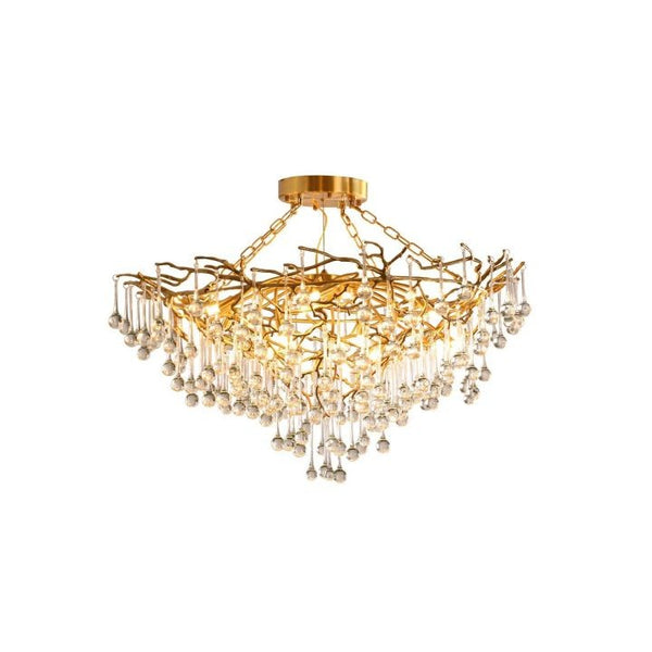 Sculptural Brass Branch Chandelier with Crystal Drops