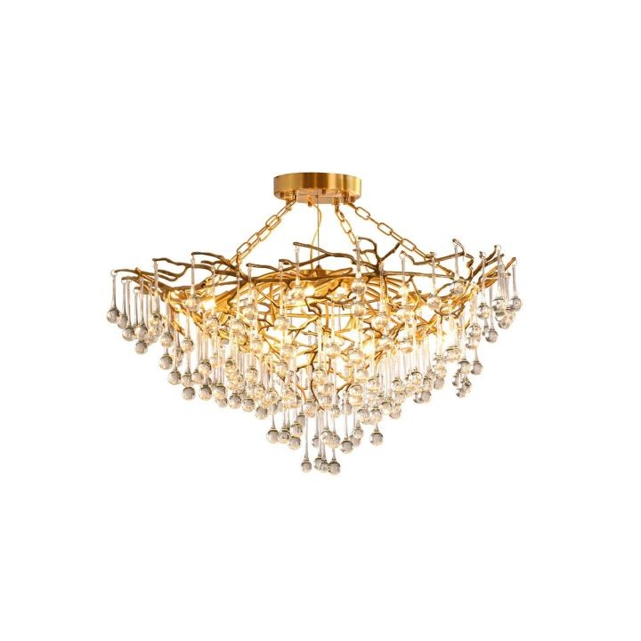 Sculptural Brass Branch Chandelier with Crystal Drops