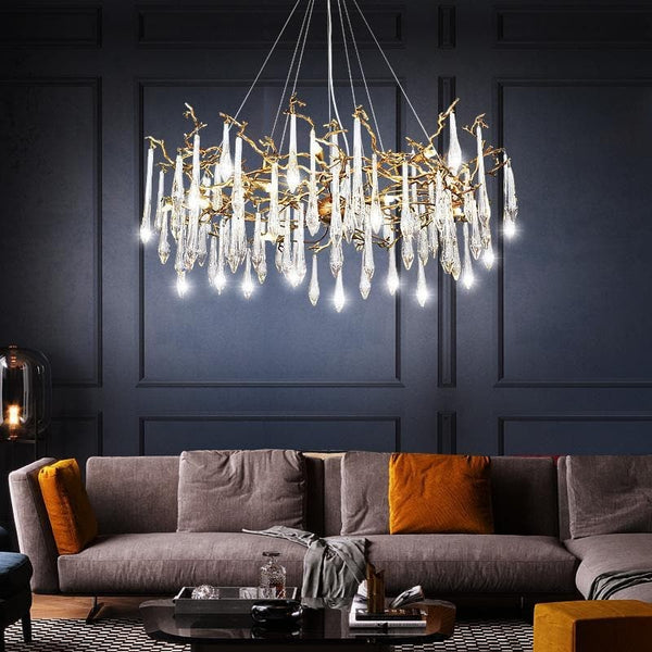 Sculptural Brass Branch Chandelier with Crystal Teardrops