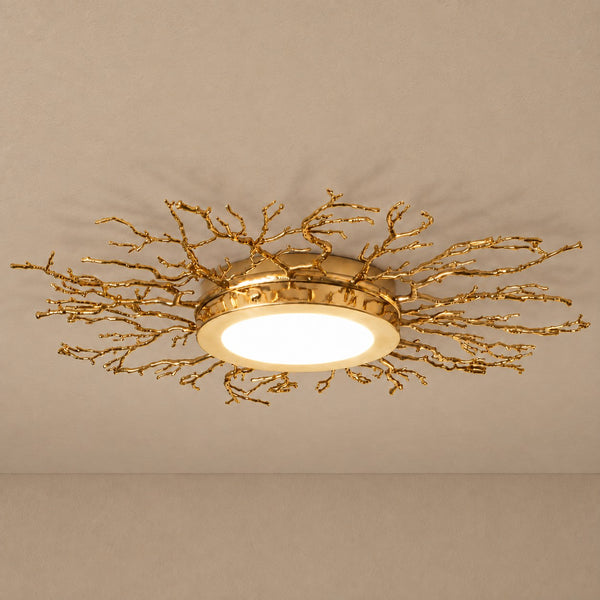 Sculptural Brass Branch Flush Mount with Glass Diffuser