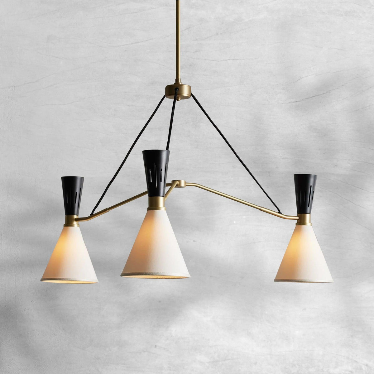 Sculptural Brass Ring Chandelier with Black Fabric Shades