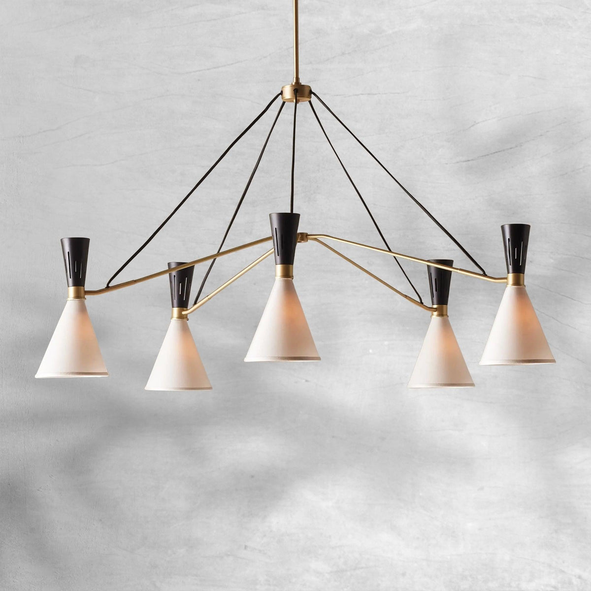 Sculptural Brass Ring Chandelier with Black Iron Shades