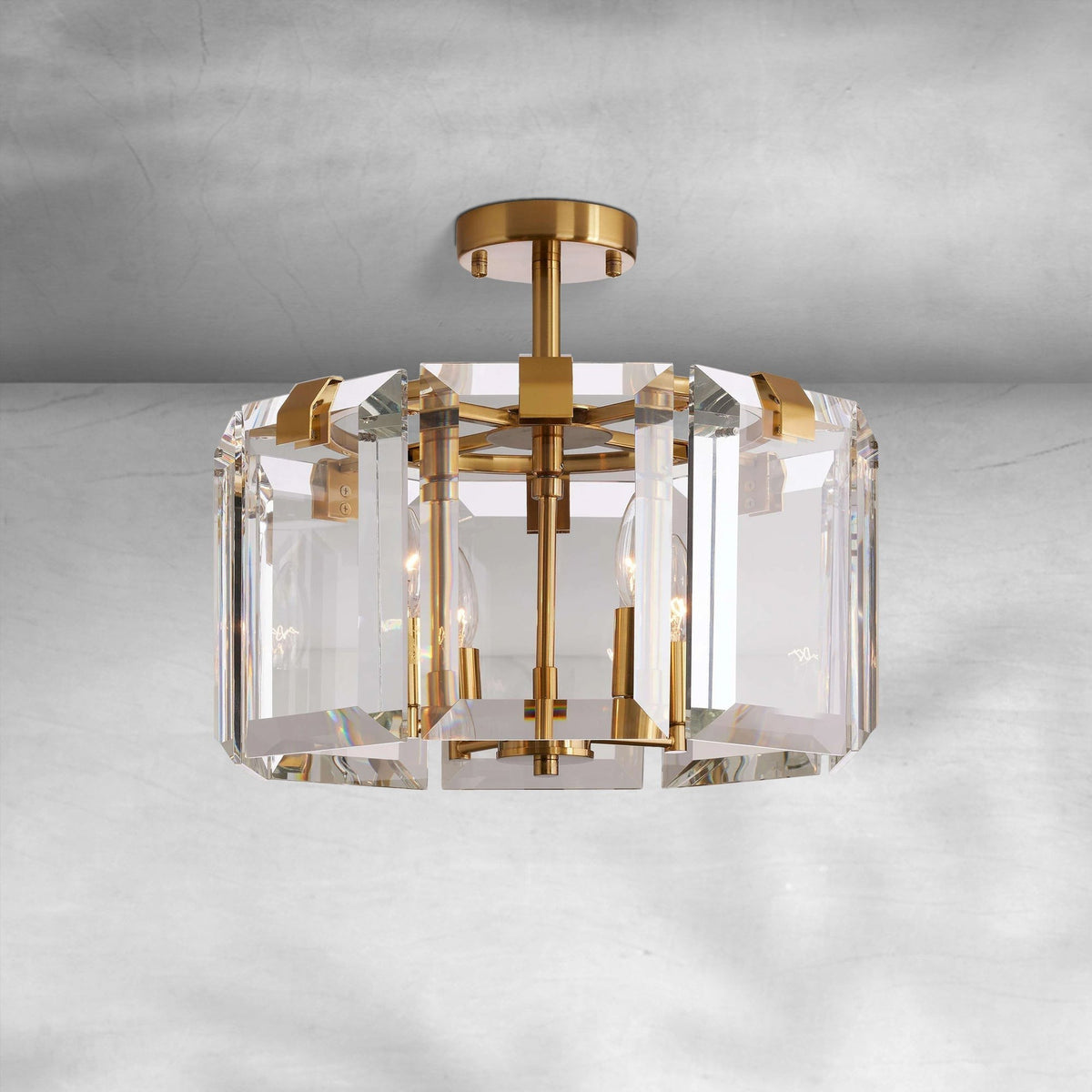 Sculptural Clear Crystal Cluster Iron Flush Mount