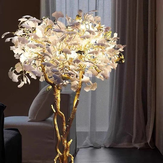 Sculptural Copper Branch Ceramic Ginkgo Leaf Floor Lamp