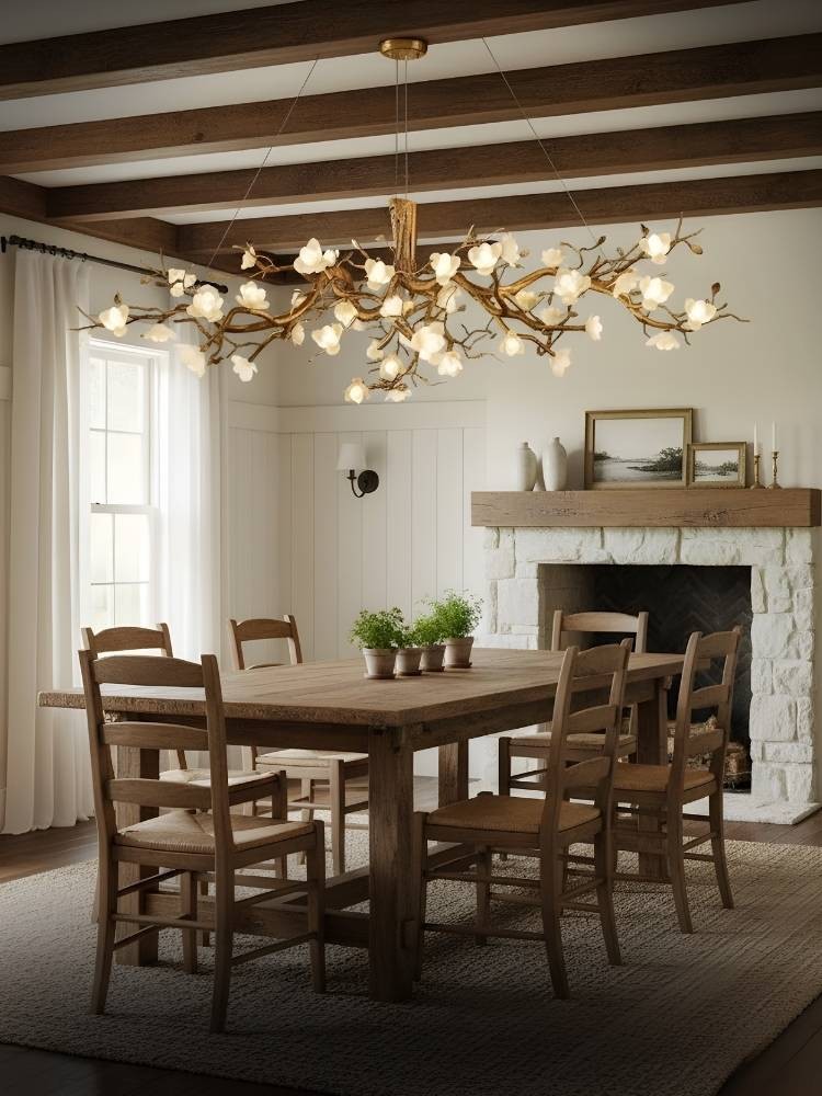 Sculptural Copper Branch Chandelier with Ceramic Flower Shades
