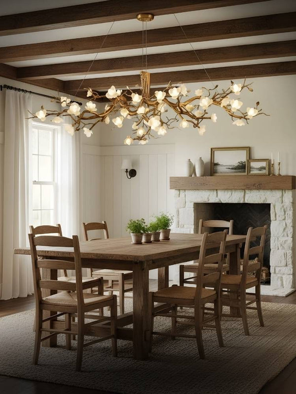 Sculptural Copper Branch Chandelier with Ceramic Flower Shades
