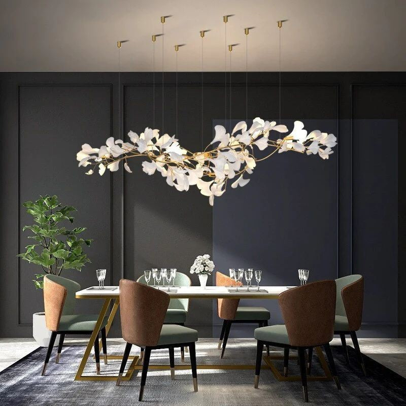 Sculptural Electroplated Copper Chandelier with Ceramic Ginkgo Leaf Clusters