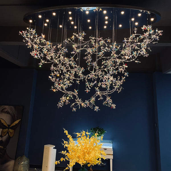 Sculptural Flowering Branch Crystal and Steel Chandelier
