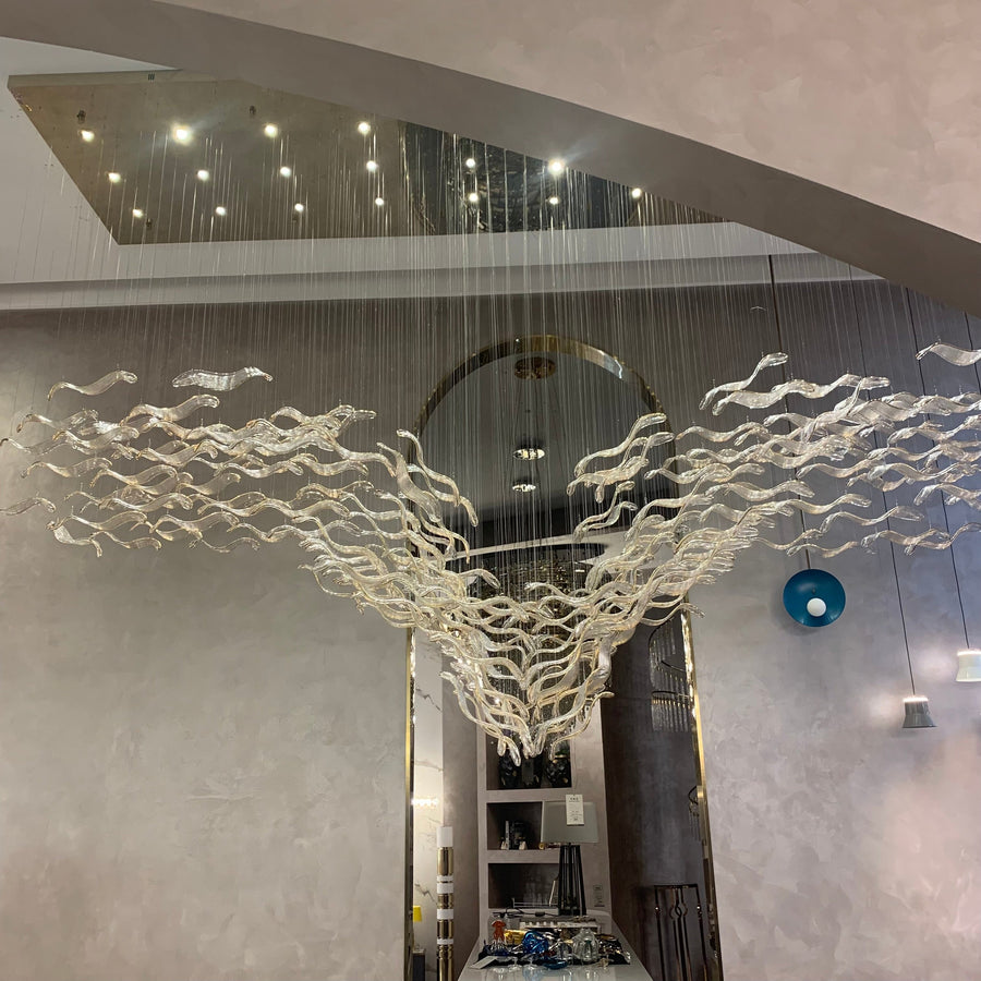 Sculptural Glass Leaf Cluster Steel Chandelier