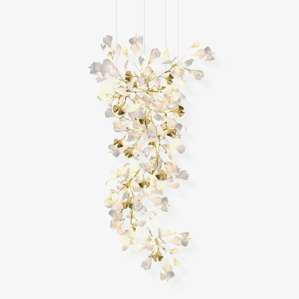 Sculptural Gold Branch White Ceramic Ginkgo Chandelier