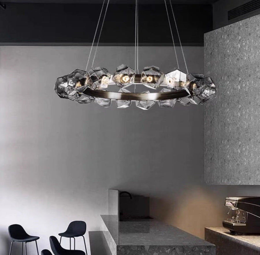 Sculptural Iron Ring and Glass Band Chandelier