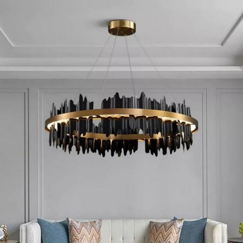 Sculptural Polished Copper and Steel Ring Chandelier