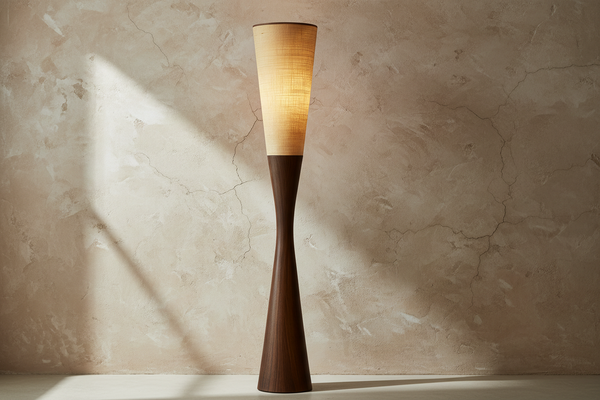 Sculptural Solid Wood and Natural Fabric Floor Lamp