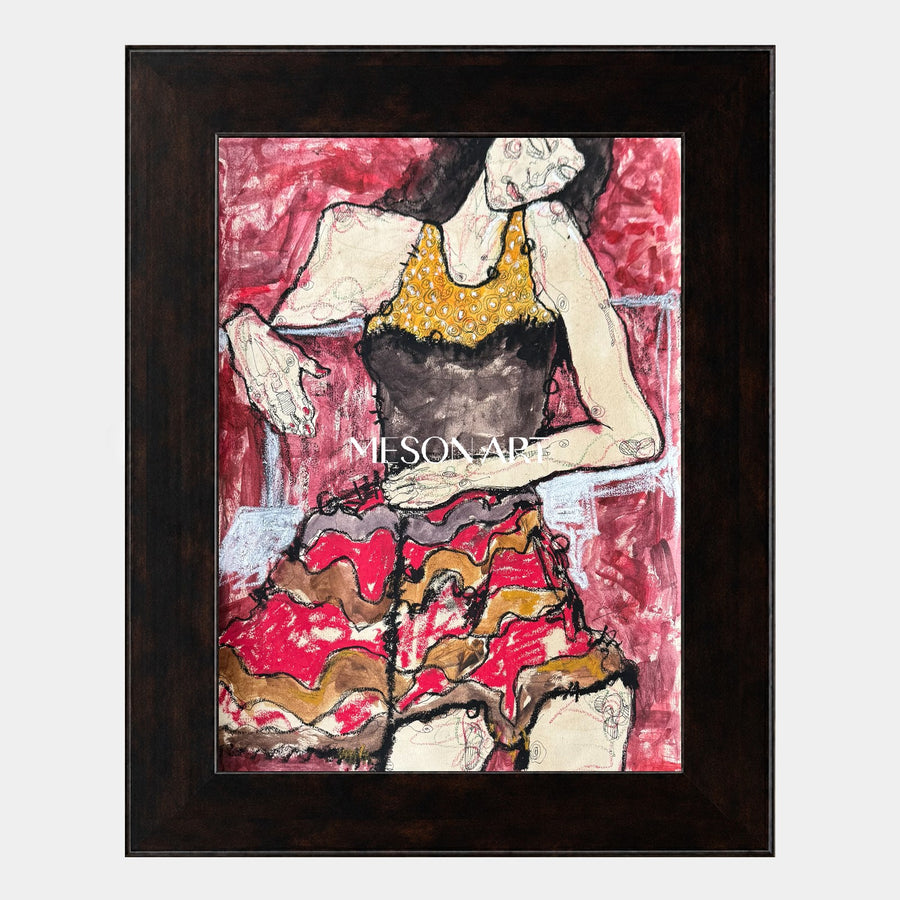 Seated Woman in Ruffled Crimson Skirt