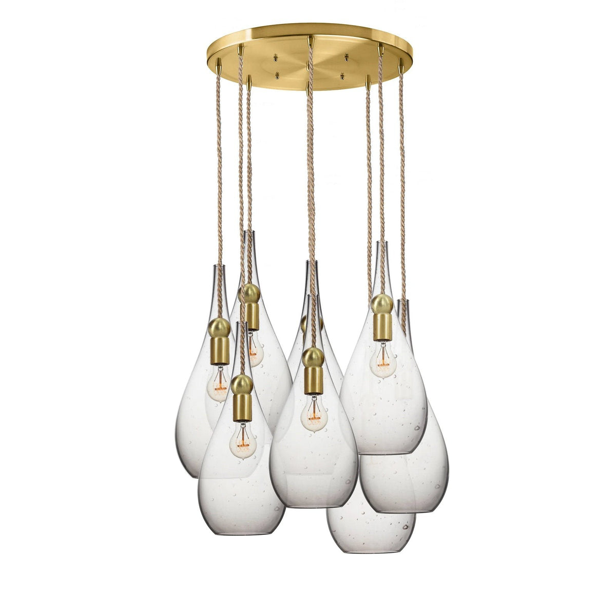 Seeded Glass Teardrop Cluster Chandelier with Braided Brass Cord