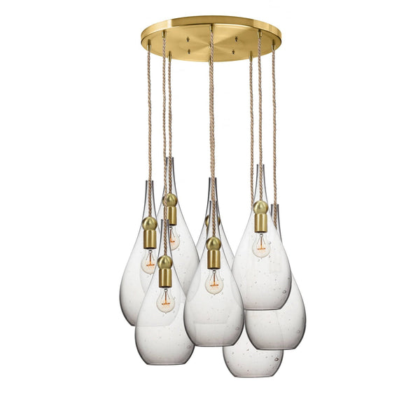 Seeded Glass Teardrop Cluster Chandelier with Braided Brass Cord