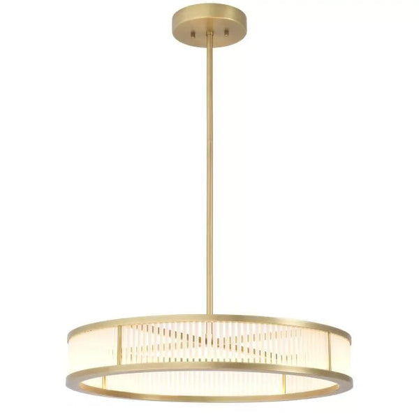 Shallow Antique Brass Drum and Frosted Glass Rod Chandelier