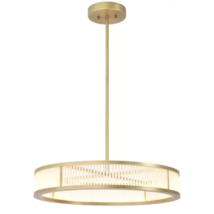 Shallow Antique Brass Drum and Frosted Glass Rod Chandelier
