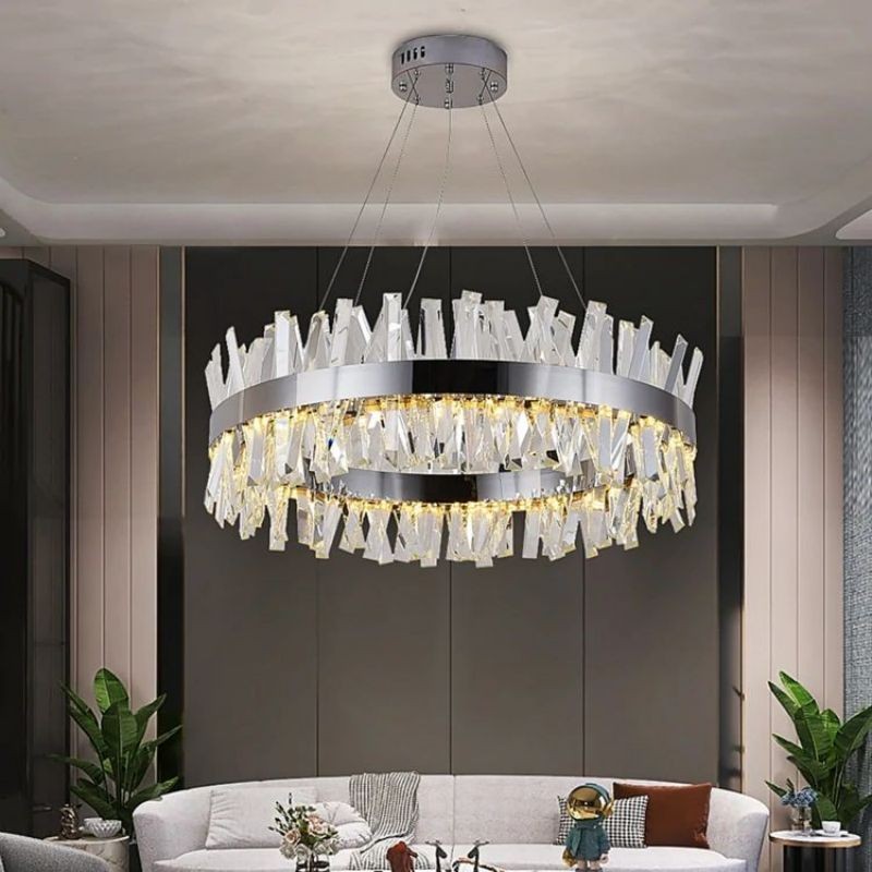 Shallow Crystal Drum and Polished Steel Ring Chandelier