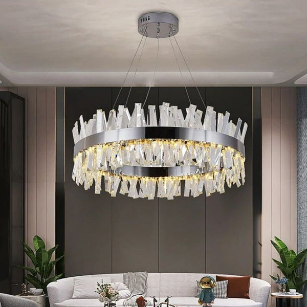 Shallow Crystal Drum and Polished Steel Ring Chandelier