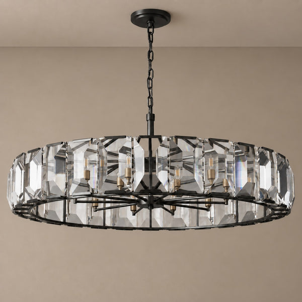 Shallow Crystal Panel Drum Ring Chandelier