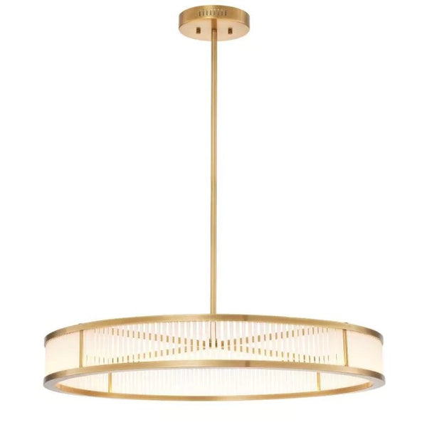 Shallow Drum Antique Brass and Frosted Glass Rod Chandelier