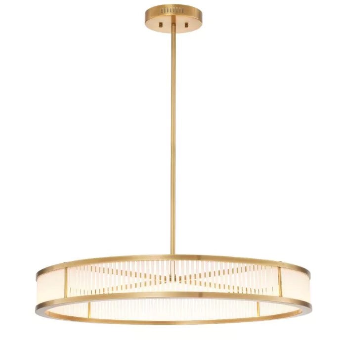 Shallow Drum Antique Brass and Frosted Glass Rod Chandelier