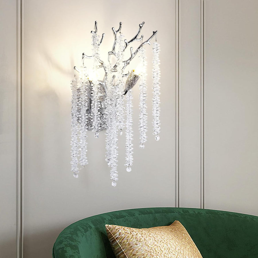 Silver Aluminum Tree Branch Crystal Wall Sconce