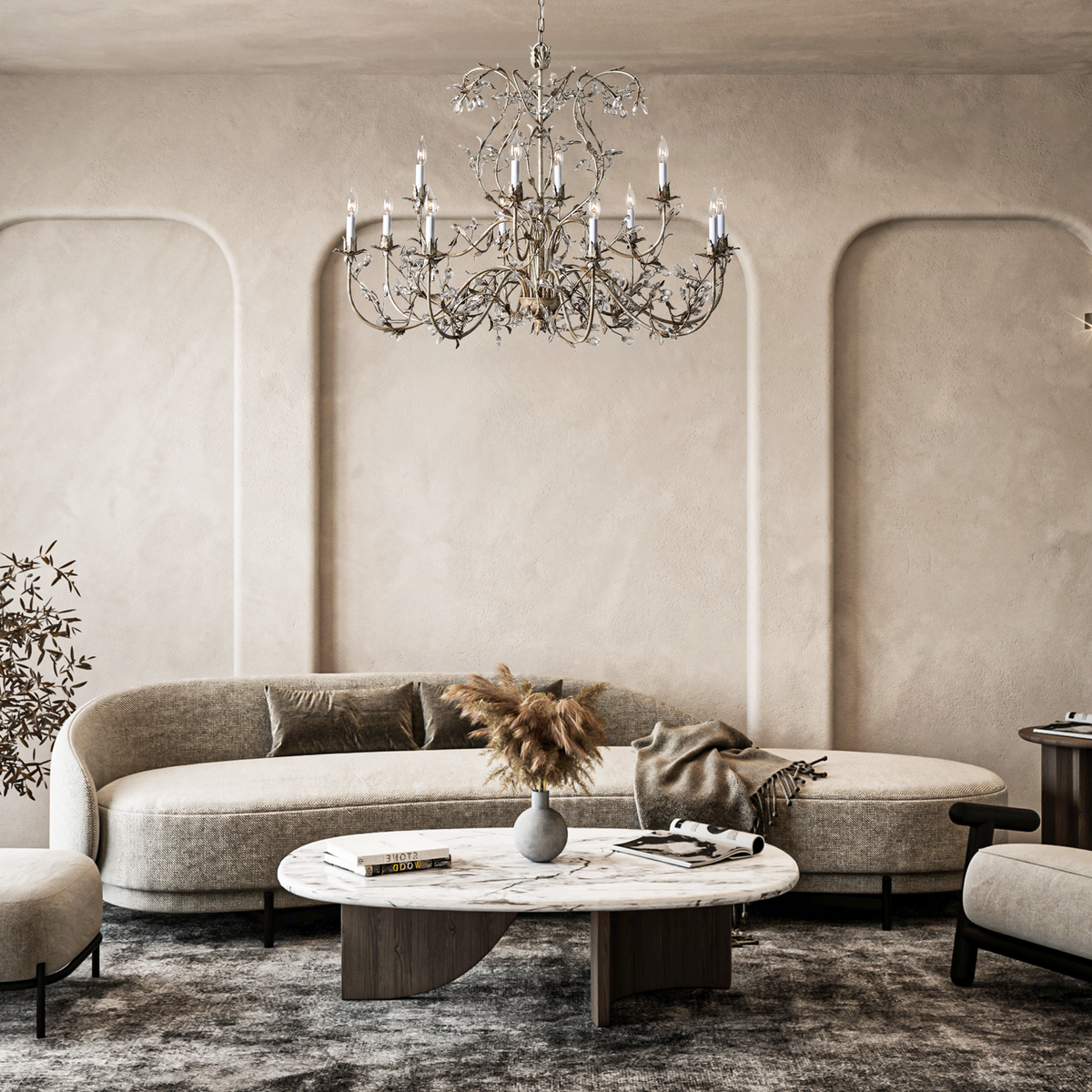 Silver Leaf Iron and Crystal Candle Chandelier