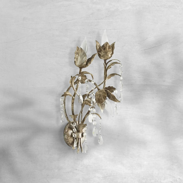 Silver Leaf Iron Vine Wall Sconce with Crystal Drops