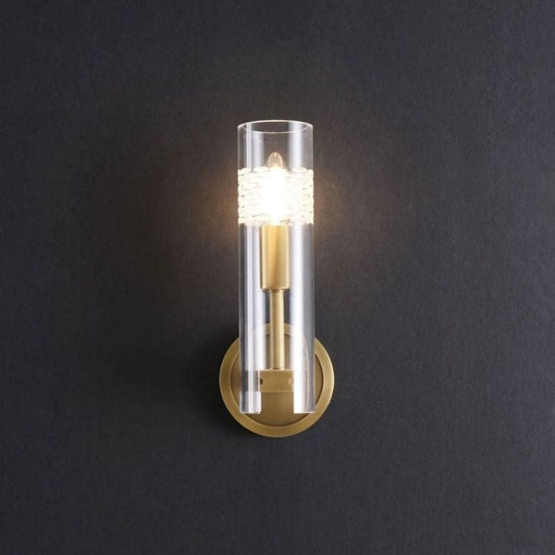 Single Faceted Crystal Cylinder Brass Wall Sconce