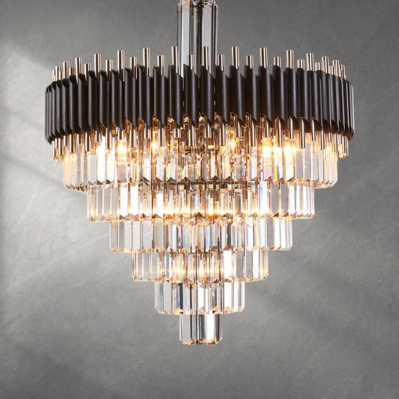 Single Tier Clear Crystal and Steel Chandelier