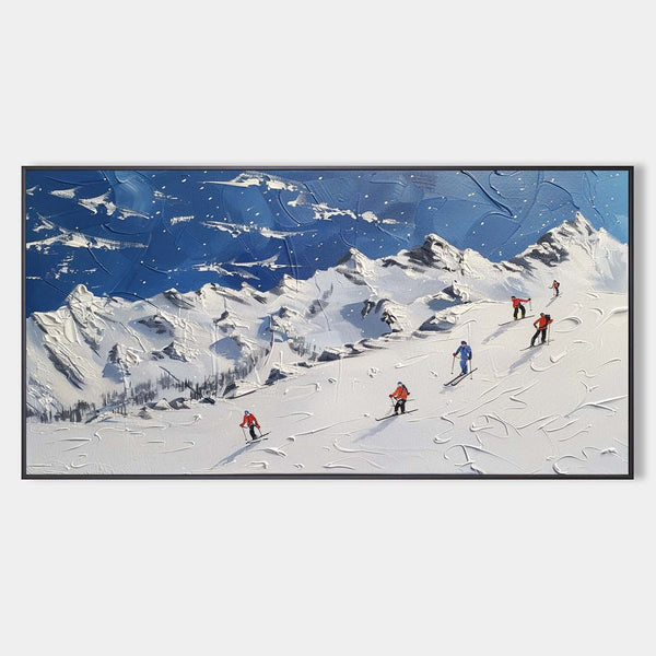 Skiers Beneath a Snowy Alpine Sky