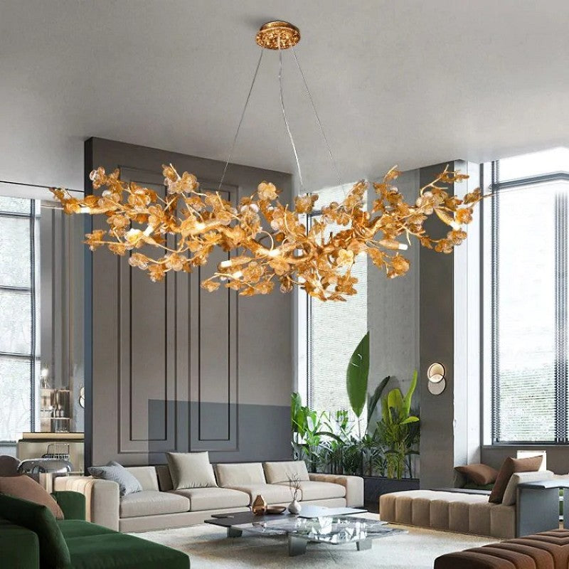 Slender Brass Branch Linear Chandelier with Glass Leaves