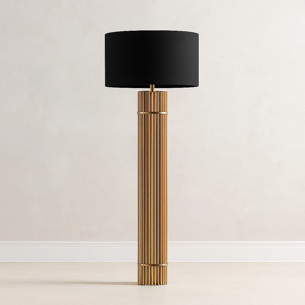Slender Bronze Copper Column Floor Lamp with Fabric Drum Shade