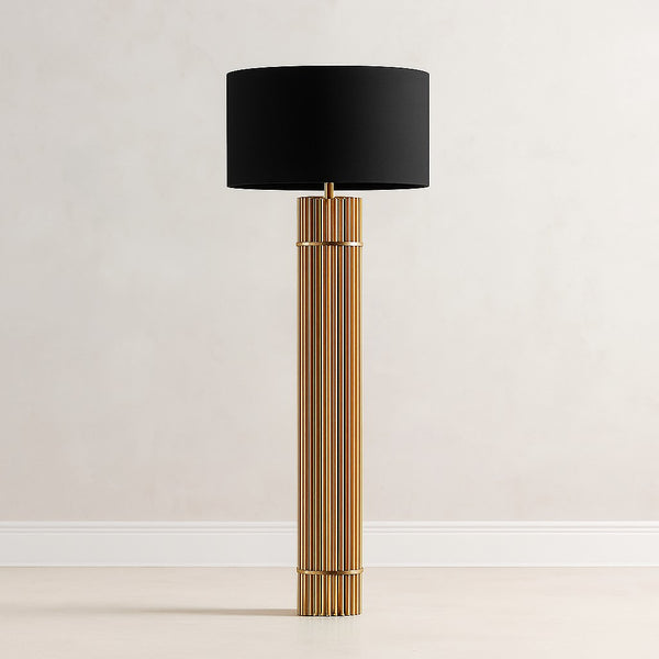 Slender Bronze Copper Column Floor Lamp with Fabric Drum Shade