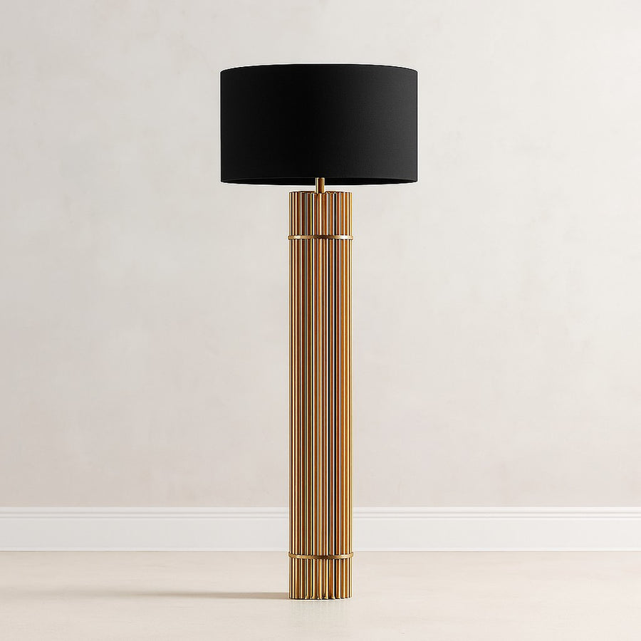 Slender Bronze Copper Column Floor Lamp with Fabric Drum Shade