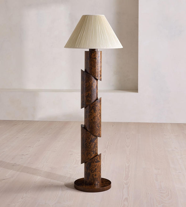 Slender Burl Veneer Column Floor Lamp with Fabric Shade