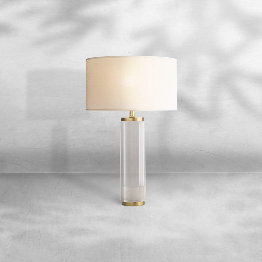 Slender Clear Crystal Column Table Lamp with Linen Drum Shade