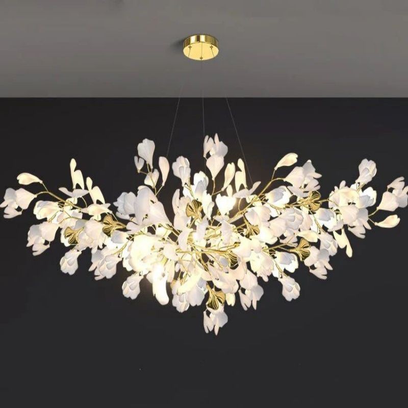 Slender Copper Bough Chandelier with Clustered Ceramic Ginkgo Leaves