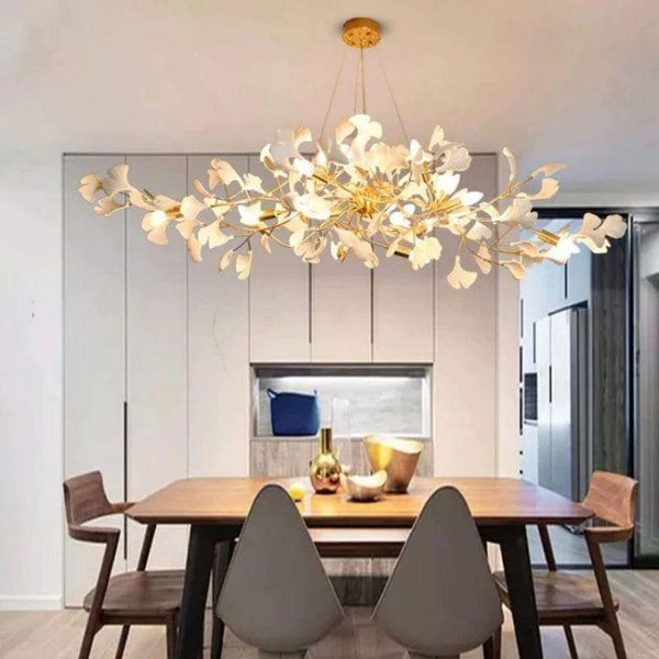 Slender Copper Branch Chandelier with White Ceramic Ginkgo Leaves