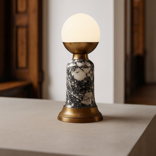 Slender Grey Marble Column Table Lamp with Opaline Glass Shade