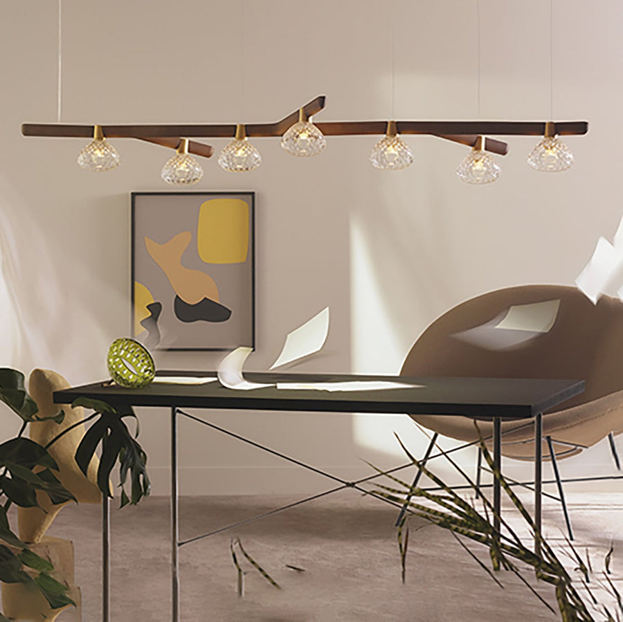 Slender Leaf Shaped Crystal and Brass Chandelier