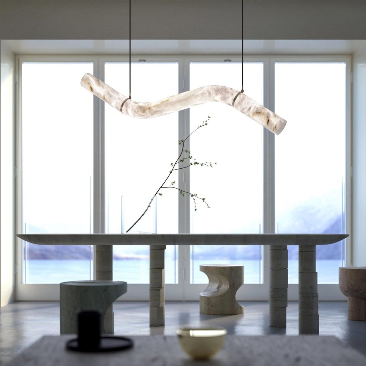 Slender Linear Brass and Alabaster Chandelier